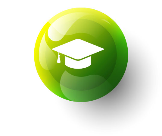 Graduation cap icon on shiny green sphere.