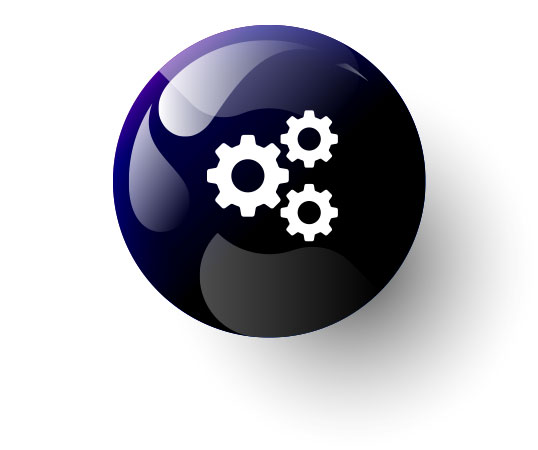 Gears icon on shiny dark blue sphere.