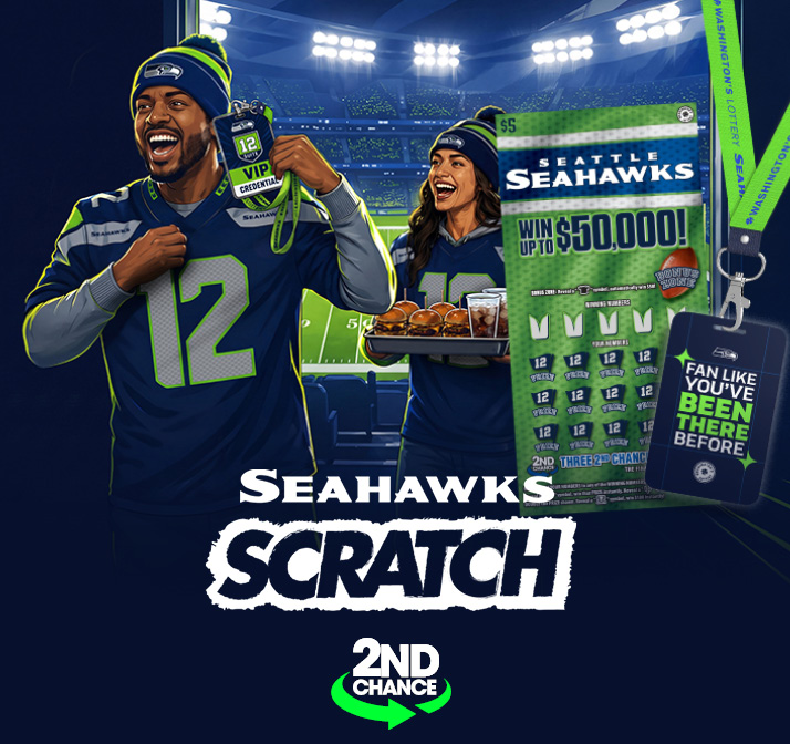 Fan like you've been there before. two Seahawks fans in stadium suite. Seahawks Scratch Second Chance.