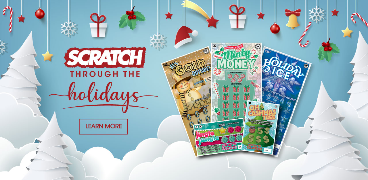 Holiday Scratch tickets on blue background with ornaments hanging down.