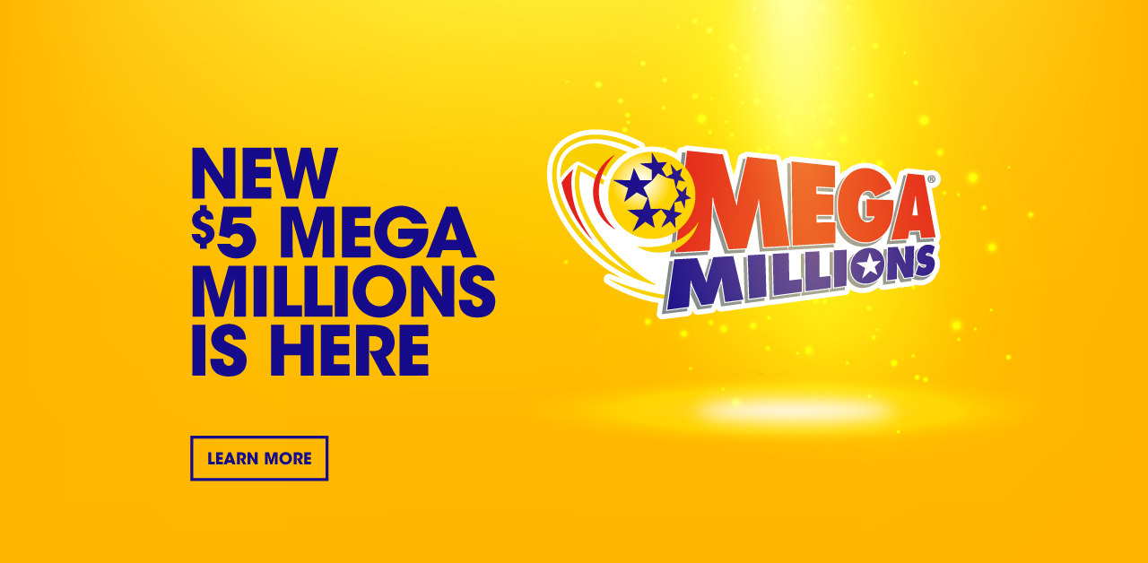 Mega Millions Logo under spotlight on field of yellow. Jackpot for large screens.