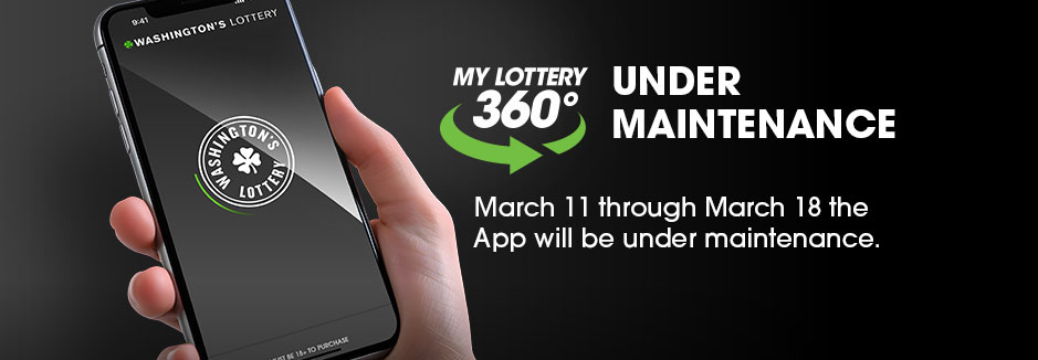 iPhone held up by hand showing My Lottery 360° load screen. Under Maintenance.