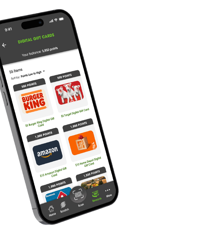 Lottery App rewards catalog screen on black iPhone.