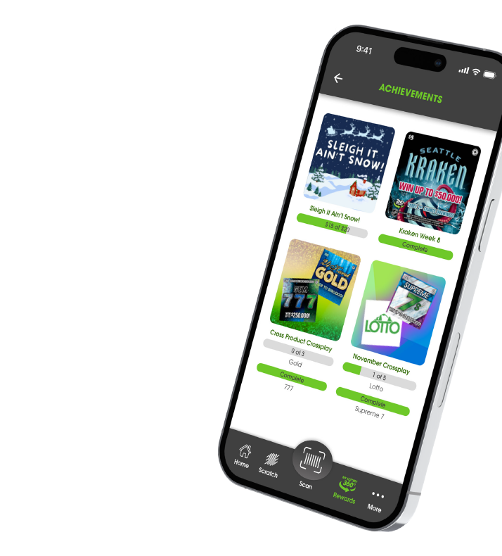 Lottery App earn achievements screen on black iPhone.