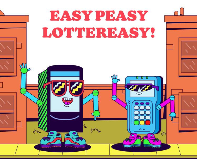 Easy Peasy Lottereasy! Illustration of Lottery Vending Machine and Debit Reader characters dancing.